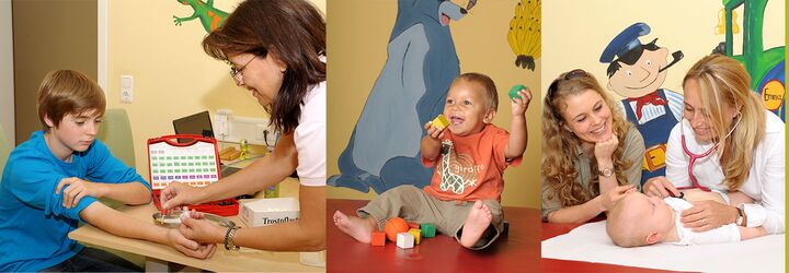 Patienten während einer Untersuchung in der Privatpraxis Dr. med. Schramm. Ein Junge wird auf Allergien getestet. Ein Kind spielt während einer Koordinations-Untersuchung mit Würfeln. Einem Säugling hört die Kinderärztin das Herz mit einem Stethoskop ab.