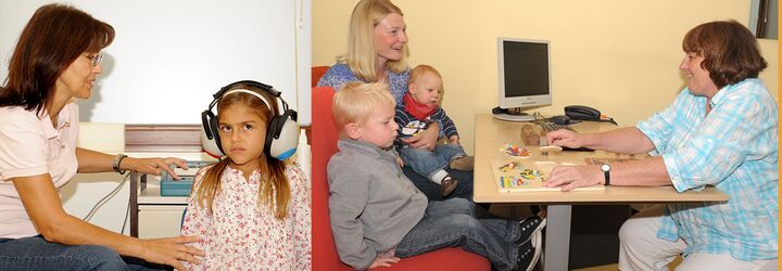 Ein junges Mädel wird auf Hörr-Reflexe untersucht. Sie hat große Kopfhörer auf. Eine Kinderkrankenschwester sitzt daneben. Eine junge Familie mit einem Kind und Säugling im Untersuchungszimmer. Eine Kinderarzthelferin sitzt gegenüber.