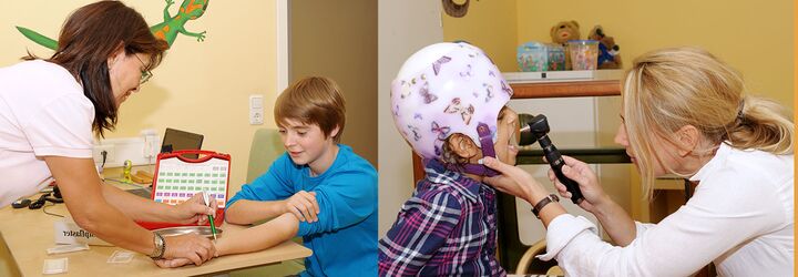 Kleine Patienten aus Frankfurt am Main werden in der Maintaler Arztpraxis untersucht. Eine Kinderkrankenschwester testet einen Jungen auf Allergien. Eine Kinderärztin untersucht den Hals eines Kindes nach Rötungen.