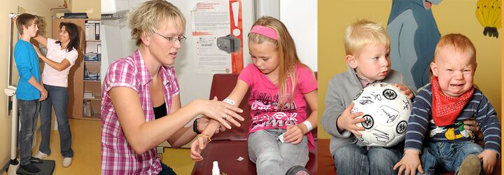 Junge Patienten bei Untersuchungen in der Praxis für Kindermedizin. Der Wuchs eines Jungen wird gemessen. Ein kleines Mädel kriegt Blut abgenommen. Zwei Kinder warten auf ihre Untersuchung. Einer hält einen Fußball, der zweite weint.